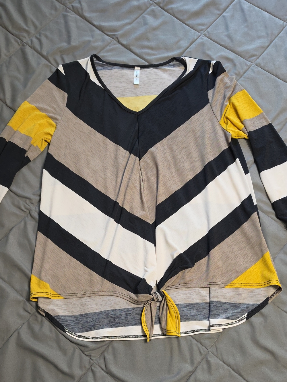 Emerald Chevron Tie-Front V-Neck Long Sleeve Top - Yellow, Black & Taupe